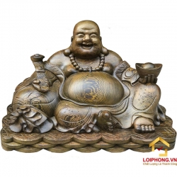Tượng Phật Di Lặc ngồi đế tiền gỗ mun đuôi công kích thước 50x30x25 