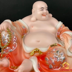 Tượng Phật Di Lặc bằng bột đá màu cam đỏ kích thước 40x24x23 cm 5