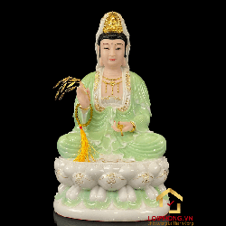 Tượng Phật Quan Âm bằng bột đá xanh trắng viền vàng cao 30-65 cm