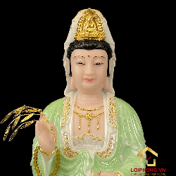 Tượng Phật Quan Âm bằng bột đá xanh trắng viền vàng cao 30-65 cm 2