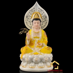 Tượng Phật Quan Âm bằng bột đá áo vàng vẽ gấm viền vàng cao 40 cm