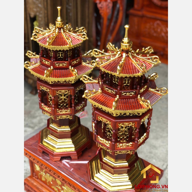 Đèn thờ hình tháp mái chùa bằng gỗ hương cao 61 cm đẳng cấp 5