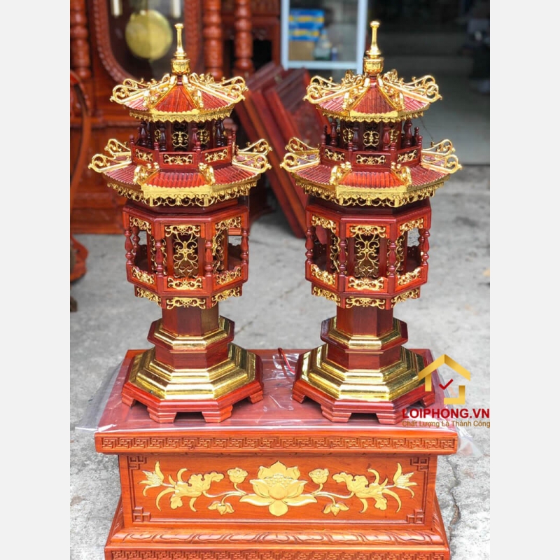 Đèn thờ hình tháp mái chùa bằng gỗ hương cao 61 cm đẳng cấp 6