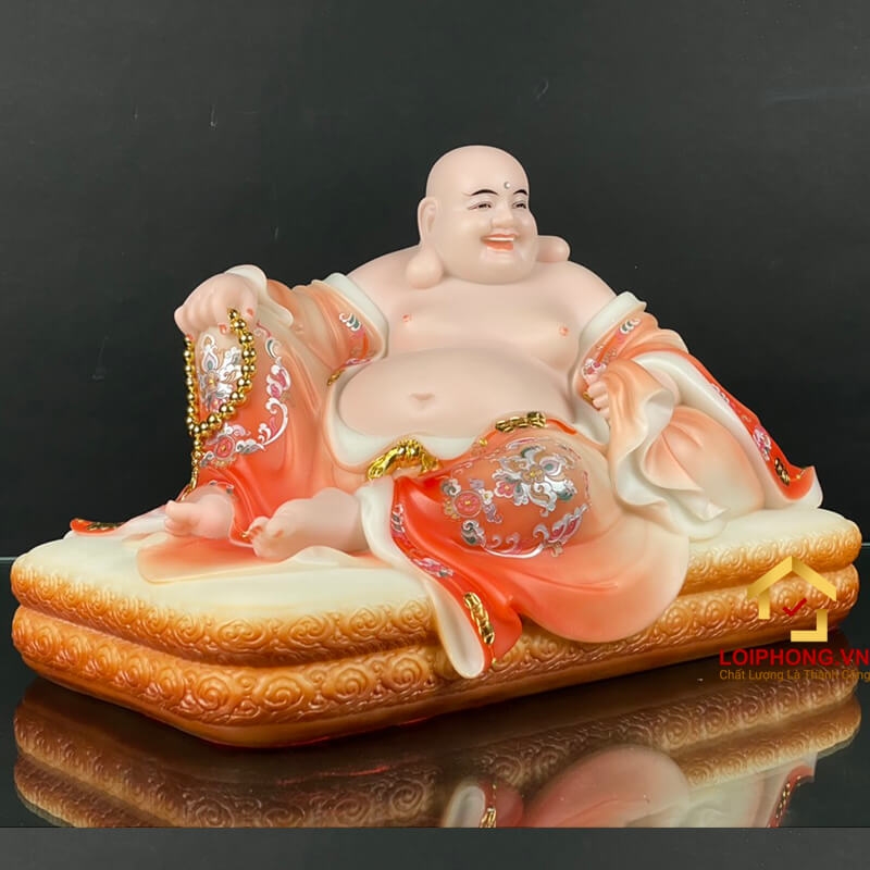 Tượng Phật Di Lặc bằng bột đá màu cam đỏ kích thước 40x24x23 cm 7