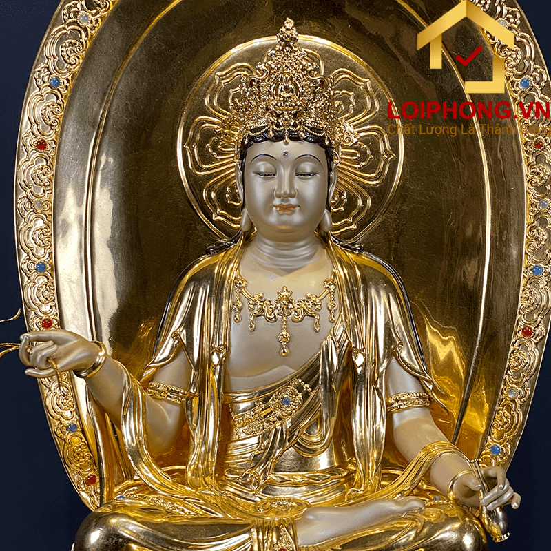 Tượng Phật Quan Âm ngồi đế kim cang bằng đồng dát vàng cao 65-91 cm 3