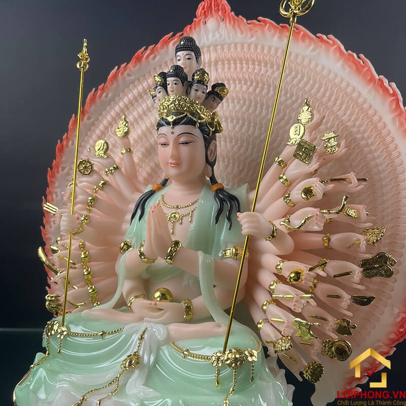 Tượng Phật Thiên Thủ Thiên Nhãn bằng bột đá áo xanh cao 30 - 40 - 48 cm 5